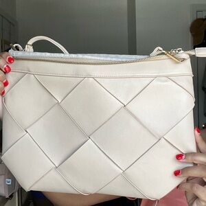 Cream Sondra Roberts Square Cream Faux Leather Woven Purse with Gold Metal